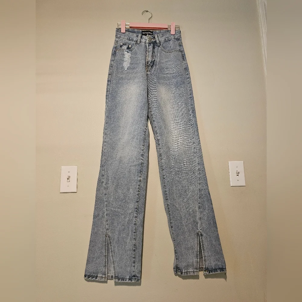Kittenish Hise Rise Wide Leg Split Hem Retro Denim Jeans Jessie James De… - Picture 3 of 12